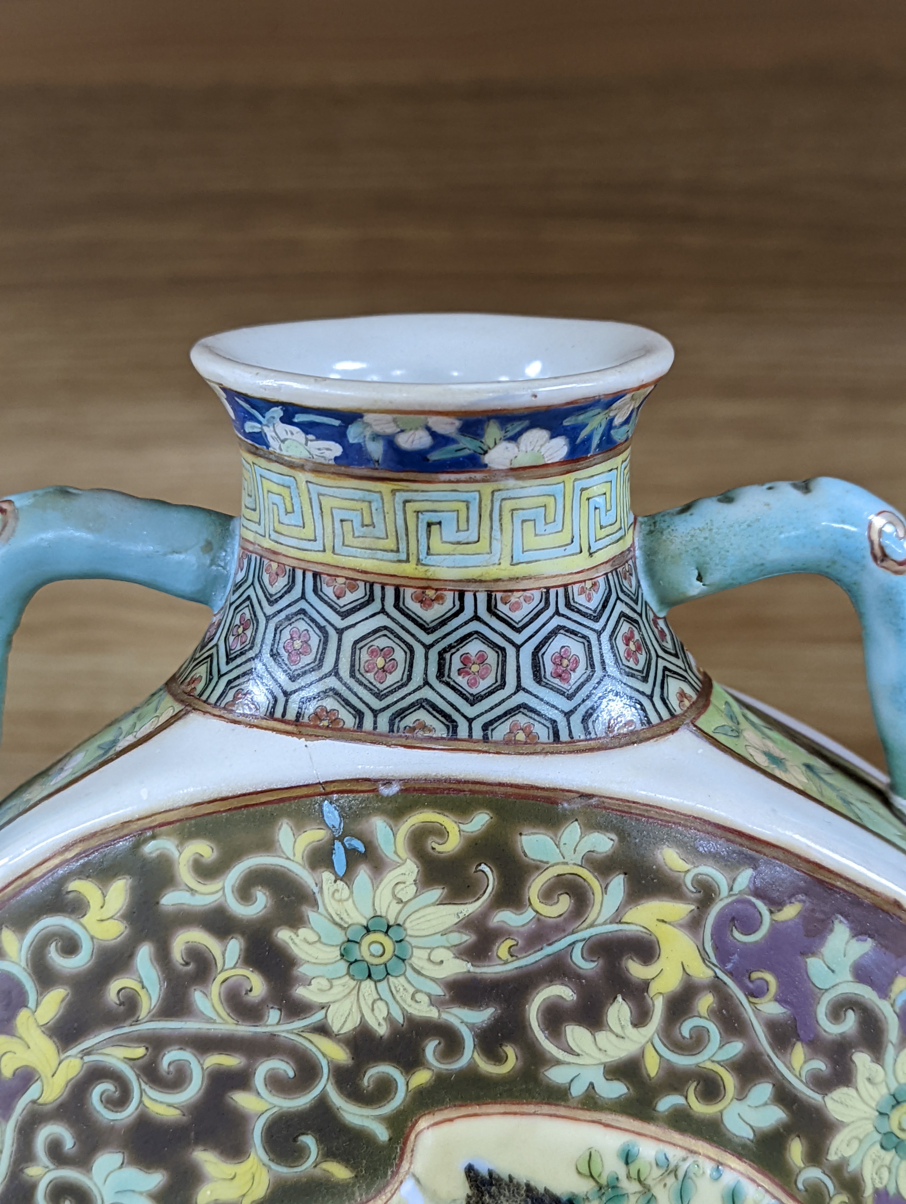 A Chinese famille rose moon flask, 19th century, restored 27cm